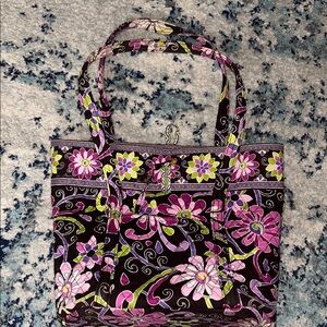Vera Bradley Black Quilted Floral Tote with Pink and Lime Accents
